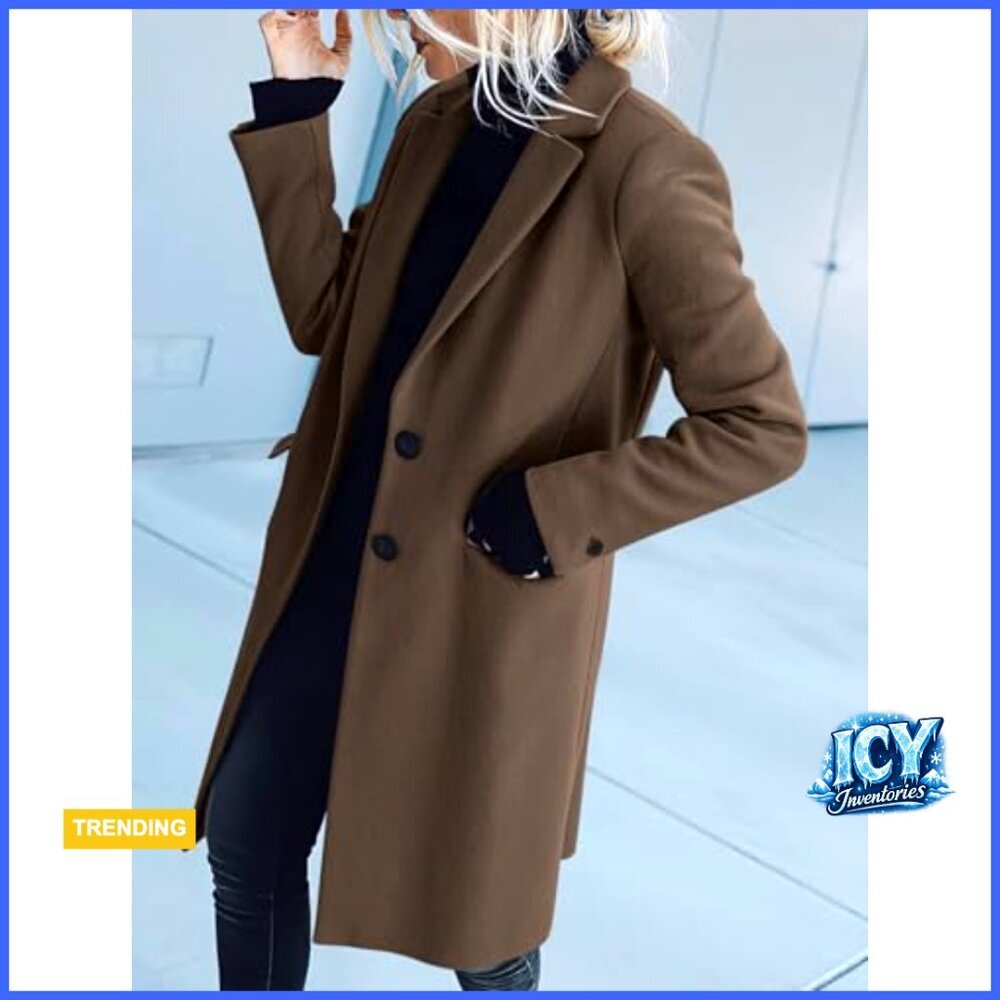 Polyester Pea Coat with Notch Lapel, Knee Length, Loose Fit - Picture 4 of 7